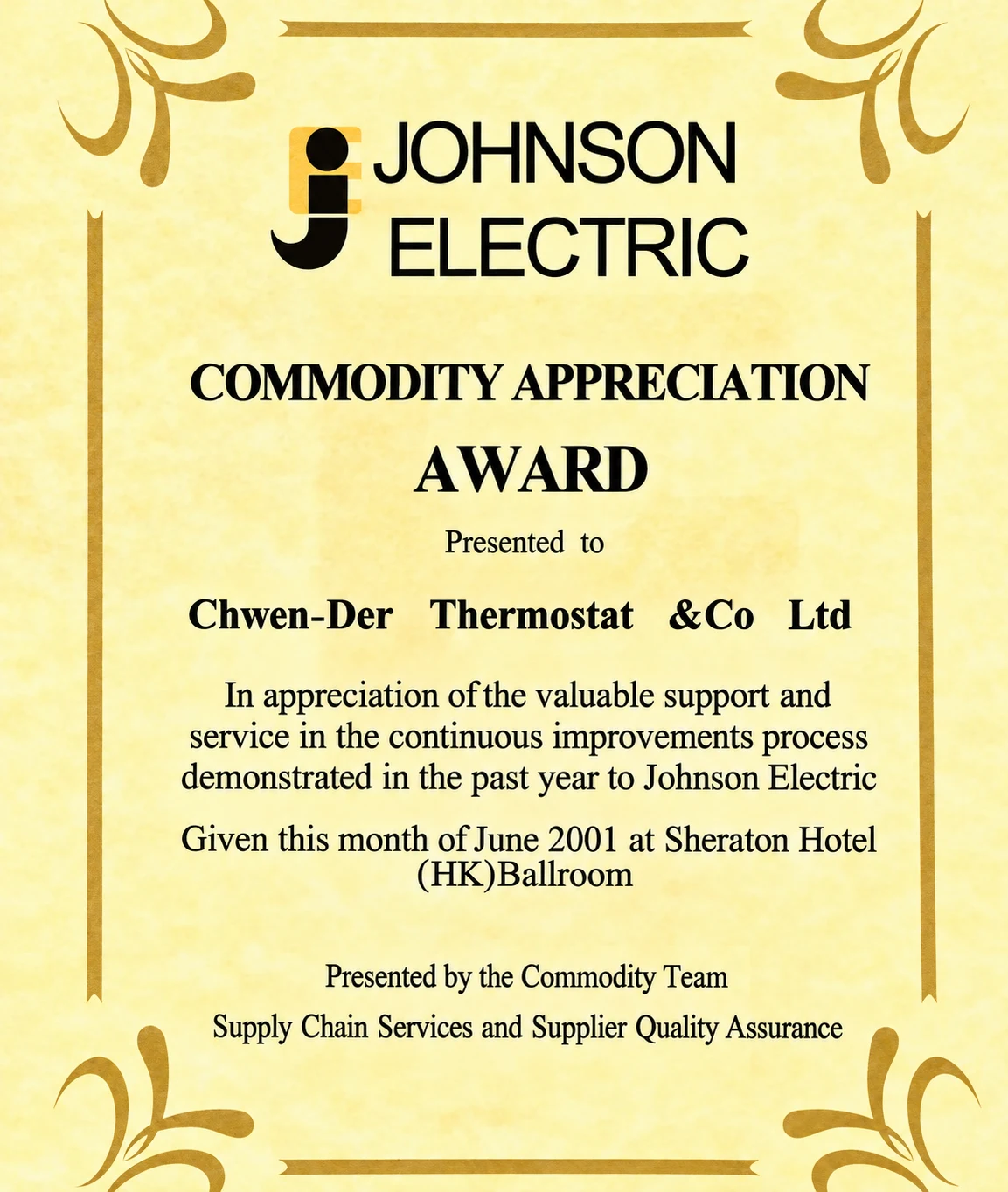 2001年德昌电机历史客户感谢奖，原获颁主体 Chwen-Der Thermostat & Co Ltd